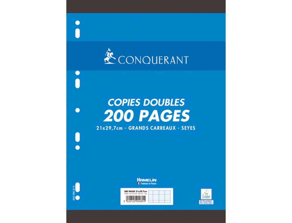 Copies doubles Conquerant Sept A4 210x297 mm 200 pages 70g Séyès perforées pour fournitures scolaires et bureau