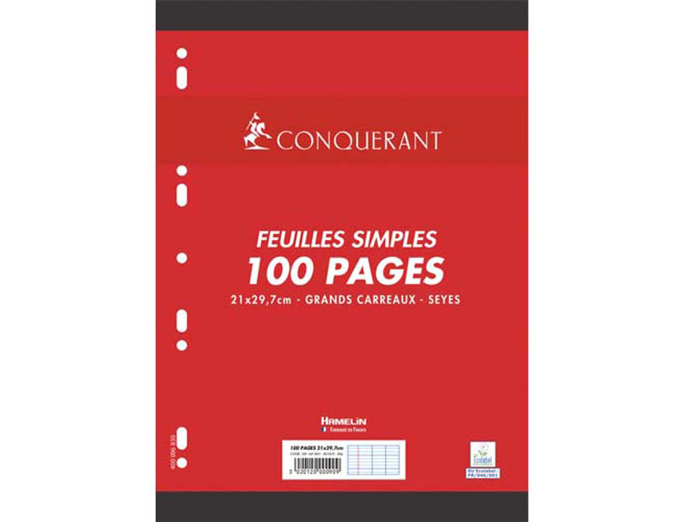 Feuilles mobiles Conquérant A4 210x297 mm 90g Séyès perforées blanc - 100 pages pour prise de notes et organisation scolaire