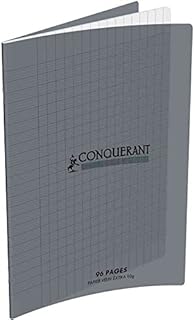 Cahier Conquerant Classique 170 x 220 mm - Séyès, 96 pages, Couverture Polypro Gris, Grands carreaux pour école