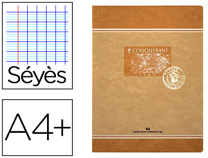 Cahier sept piqûre Conquérant 28806 - Papier recyclé encre offset végétale A4+ 96 Pages 70 g séyès 240 x 320 mm pour école