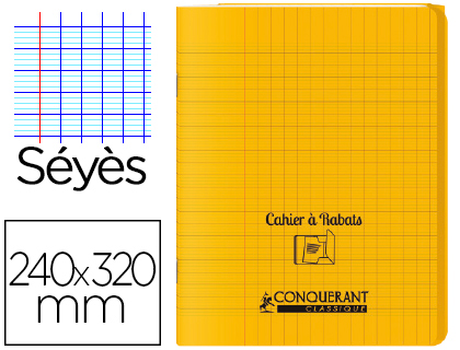 Cahier à rabat Conquérant Classique - 24x32 cm, 96 pages, papier 90g Seyès, couverture polypropylène jaune pour école et bureau