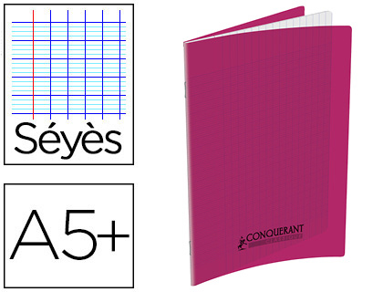 Cahier piqué Conquerant classique - couverture rigide polypropylène transparente A5+ 17x22 cm 48 pages 90g Seyes rose pour école et bureau