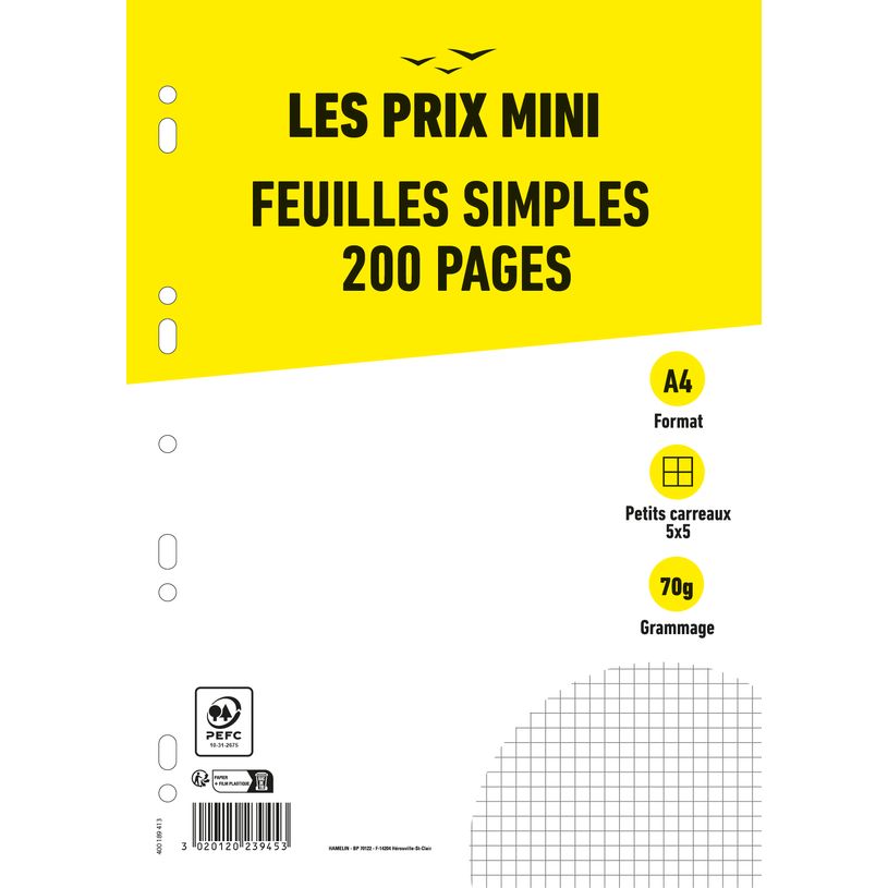 Feuilles simples Les Prix Mini A4 - 200 pages - petits carreaux 5x5mm - perforées pour écriture scolaire et bureau
