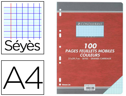 Feuillet mobile Conquérant Sept A4 210x297mm 100 pages 80g Séyès perforé bleu pour prise de notes et organisation scolaire