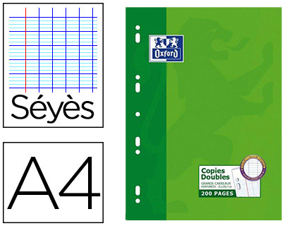 Copies doubles perforées Oxford A4 Séyès 200 pages grands carreaux pour fournitures scolaires et bureau