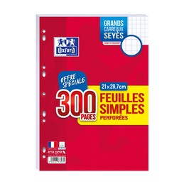 Feuilles simples perforées Oxford 400158184 -300F- format A4 Seyès grands carreaux pour prise de notes