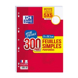 Feuilles simples perforées Oxford A4 quadrillé - 100 feuilles pour prise de notes et organisation scolaire