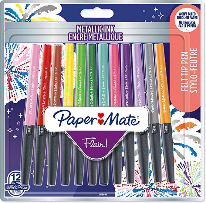 Lot de 12 feutres pointe moyenne Paper Mate Flair Metallic - Assortiment de couleurs pour dessin et écriture