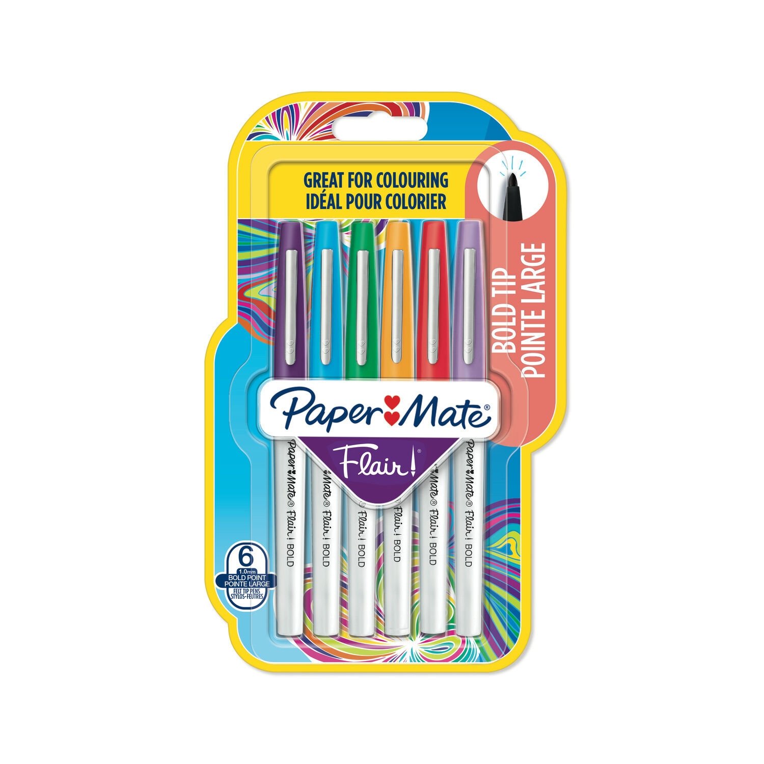 Feutres Pointe Moyenne Paper Mate Flair - Lot de 6 Couleurs Assorties pour Dessin et Écriture