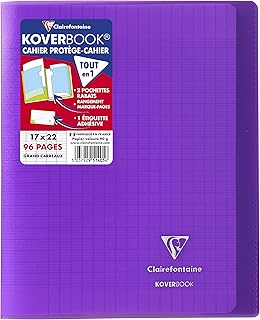 Cahier piqué Clairefontaine Koverbook - 17x22 cm Violet 96 pages grands carreaux pour écriture
