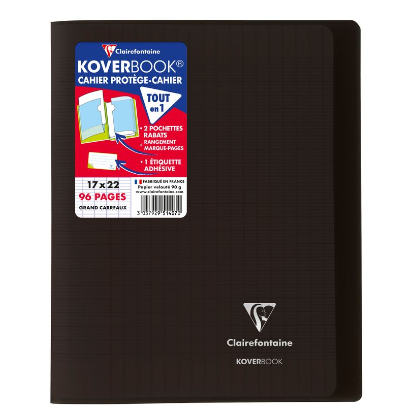 Cahier Clairefontaine 951407C Koverbook Noir - 17x22 cm, 96 Pages Grands Carreaux, Papier 90 g, Couverture Polypro