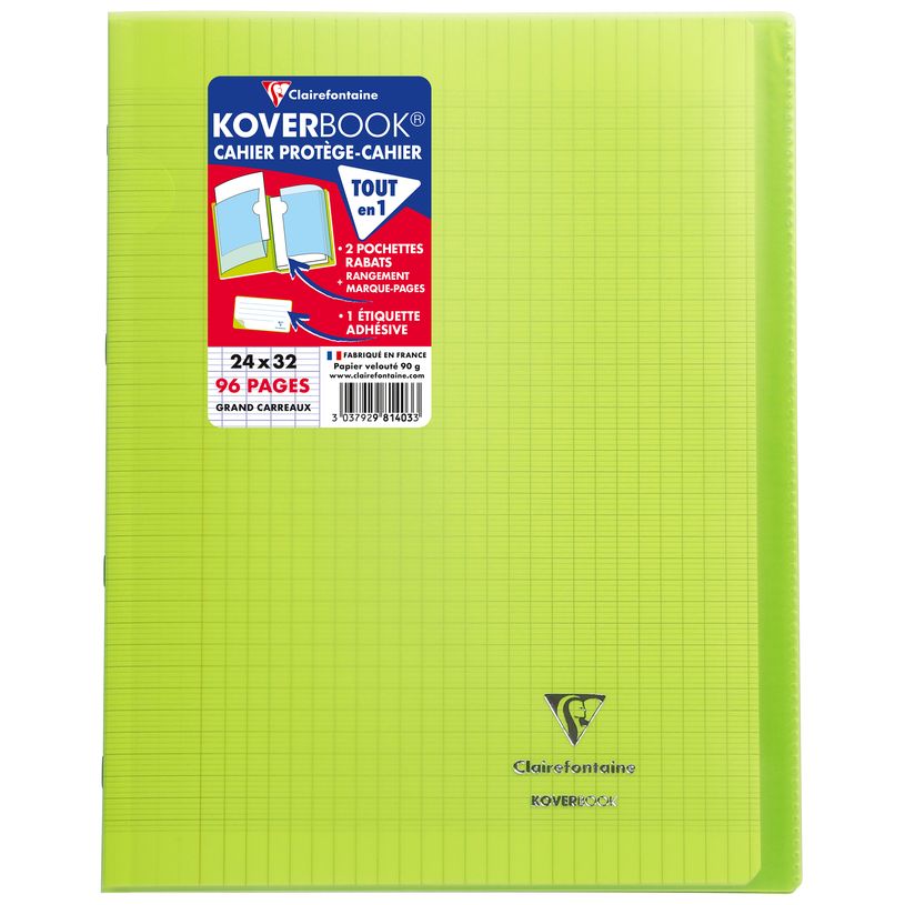 Cahier Clairefontaine Koverbook - Polypro 24 x 32 cm - 96 pages grands carreaux Seyes - vert pour école et bureau