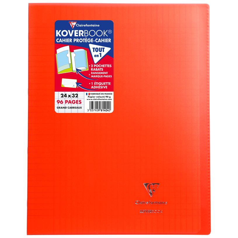 Cahier Clairefontaine Koverbook - Polypro 24 x 32 cm - 96 pages grands carreaux Seyes - Rouge pour école et bureau