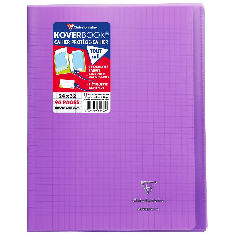 Cahier Clairefontaine Koverbook - Polypro 24 x 32 cm - 96 pages grands carreaux Seyes - Violet pour école et bureau