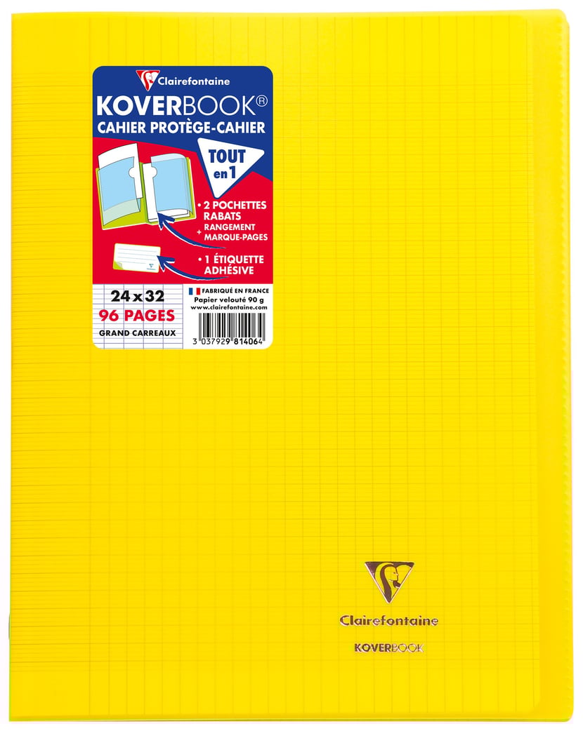 Cahier Clairefontaine Koverbook - Polypro 24x32 cm - 96 pages grands carreaux Seyes - jaune pour écriture scolaire et bureau