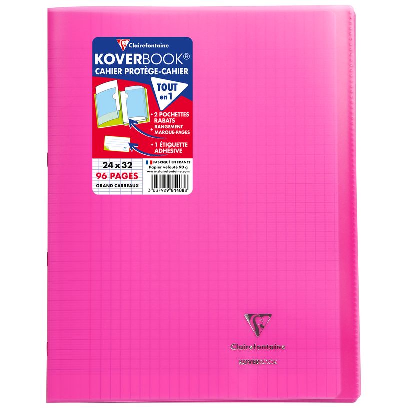 Cahier polypro Clairefontaine Koverbook - 24 x 32 cm - 96 pages - grands carreaux Seyes - rose pour fournitures scolaires