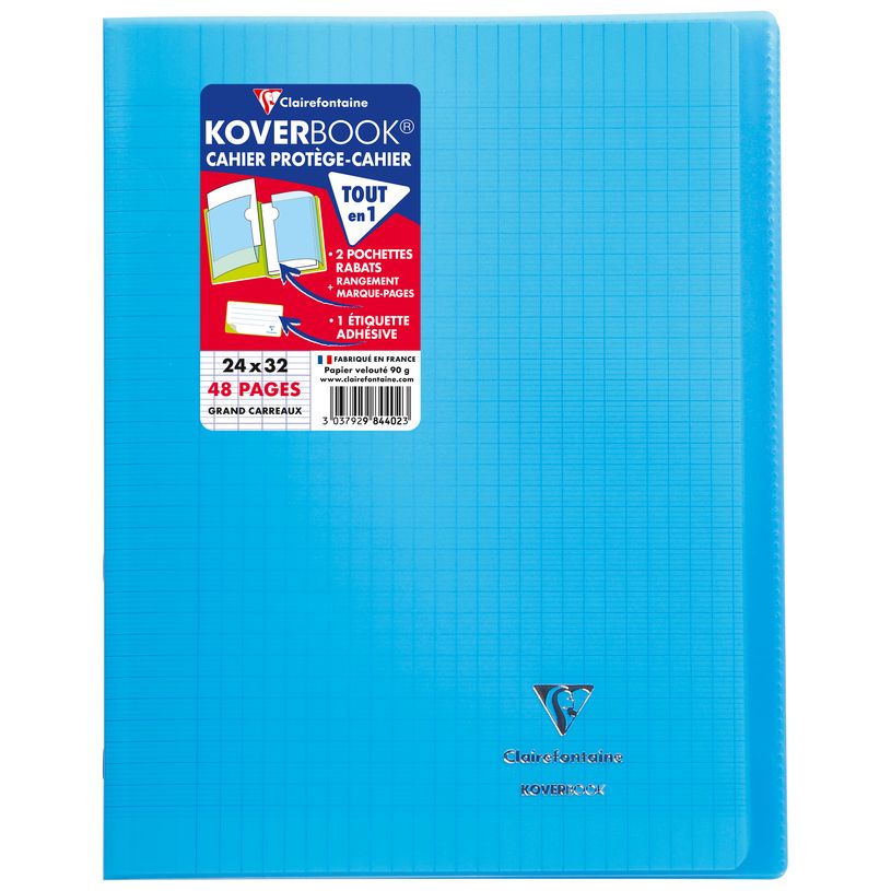 Cahier polypro Clairefontaine Koverbook - 24 x 32 cm - 48 pages grands carreaux Seyes - pour école et bureau