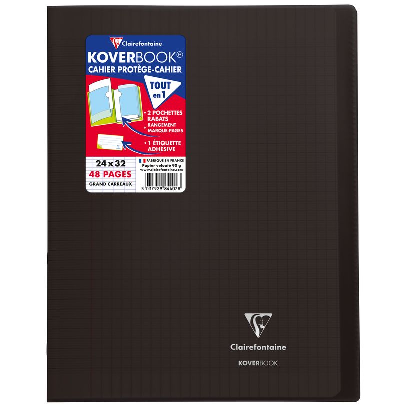 Cahier polypro Clairefontaine Koverbook - 24 x 32 cm - 48 pages grands carreaux Seyes - noir pour école et bureau