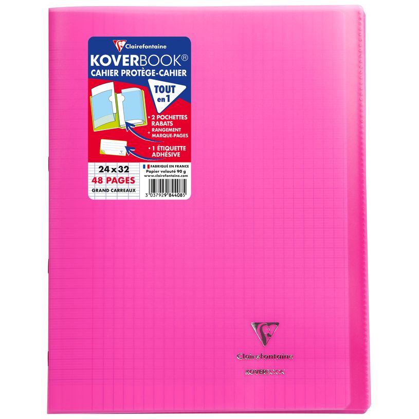Cahier Clairefontaine Koverbook - Polypro 24 x 32 cm - 48 pages grands carreaux Seyès - pour école et bureau