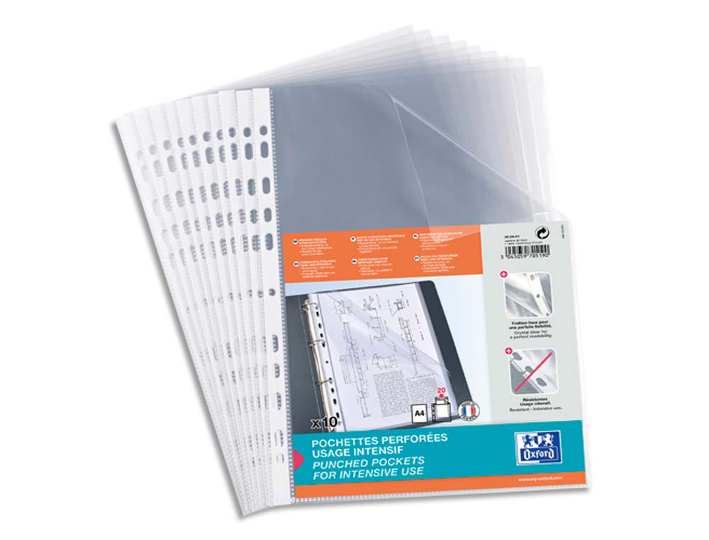 Pochettes perforées Oxford polypropylène lisse 0,09 mm A4 210x297 mm sachet 10 unités pour classement