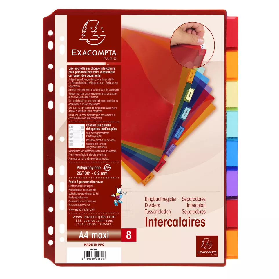 Intercalaires avec pochette polypropylène 8 positions - A4 maxi pour documents