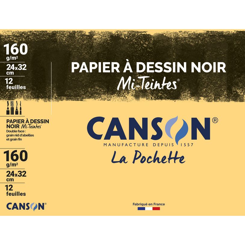 Papier dessin Canson Mi-teintes - 24x32 cm, Noir, 160g, 12 feuilles - Pour dessin artistique