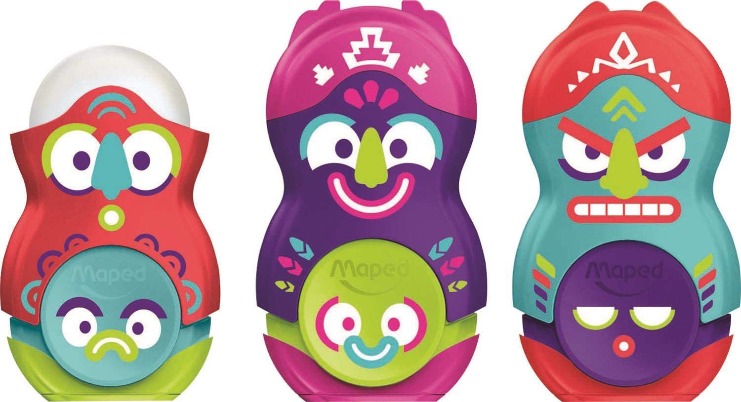 Taille-crayon et gomme Maped Loopy Totem - Duo avec compartiment copeaux et caoutchouc de rechange - 3 designs pour école