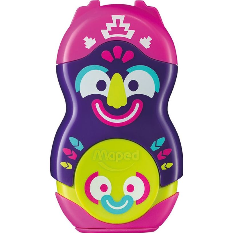 Taille-crayon et gomme Maped Loopy Totem - Duo avec compartiment copeaux et caoutchouc de rechange - 3 designs pour école