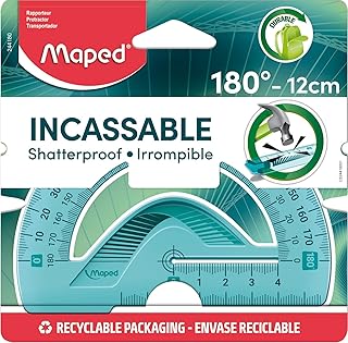 Rapporteur 180° Maped Incassable - Plastique Ergonomique Résistant 12 cm - Scolaire, Coloris Aléatoire Vert/Bleu