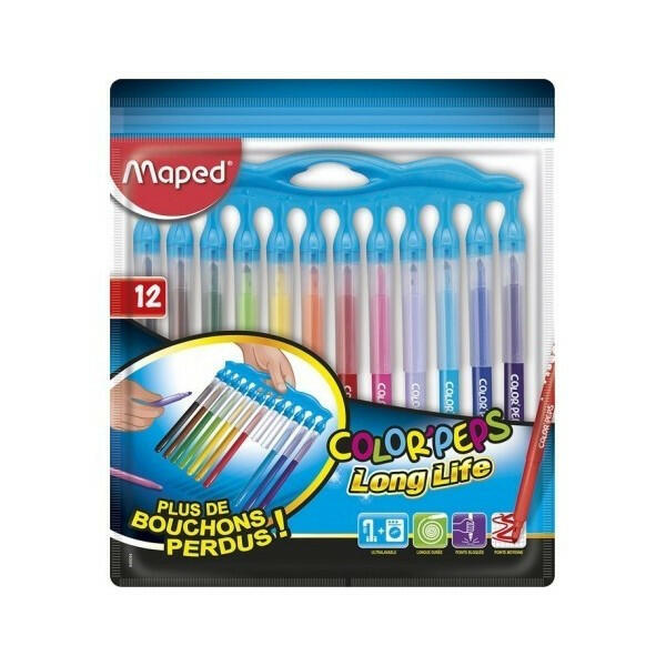 Marqueurs Maped Color'Peps Long Life Inno - 12 Couleurs avec Capuchons Reliés pour École et Loisirs Créatifs