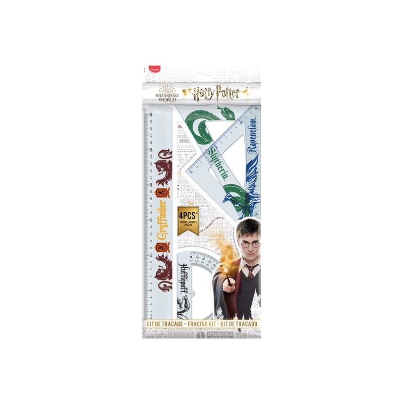Kit de traçage incassable Maped Harry Potter - Règle 30 cm, Équerres 60°/45° 21 cm, Rapporteur 180° Base 12 cm - Pour école
