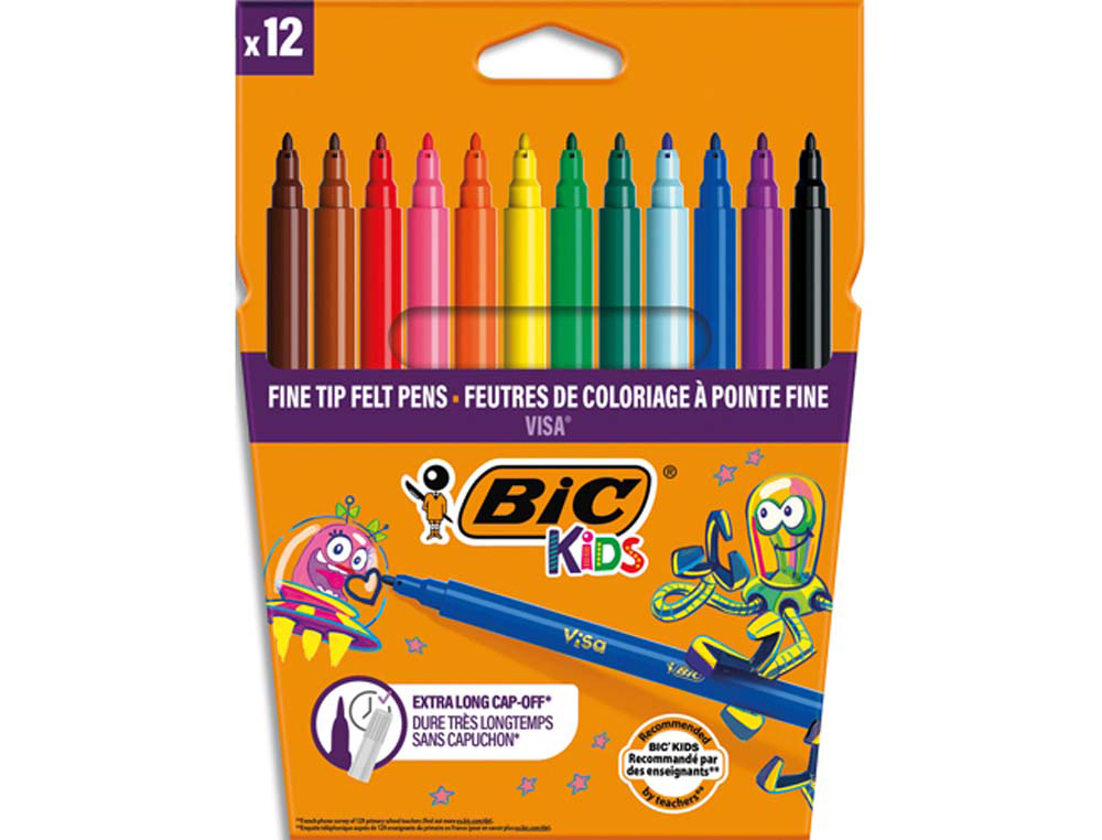 Feutres BIC Kids Visa - Encre lavable, pointe bloquée ultra-résistante, capuchon ventilé, étui carton 12 unités pour coloriage et dessin scolaire