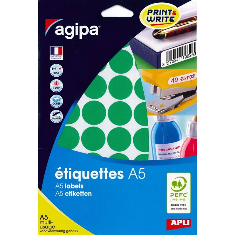 Pastilles adhésives vertes Apli Agipa - Etui A5 - 400 pièces - diamètre 24 mm - Pour marquage et étiquetage