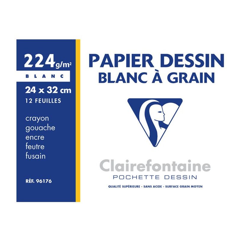 Papier à dessin Clairefontaine Dessin à Grain - Pochette 12 feuilles 24 x 32 cm 224 gr blanc pour artistes