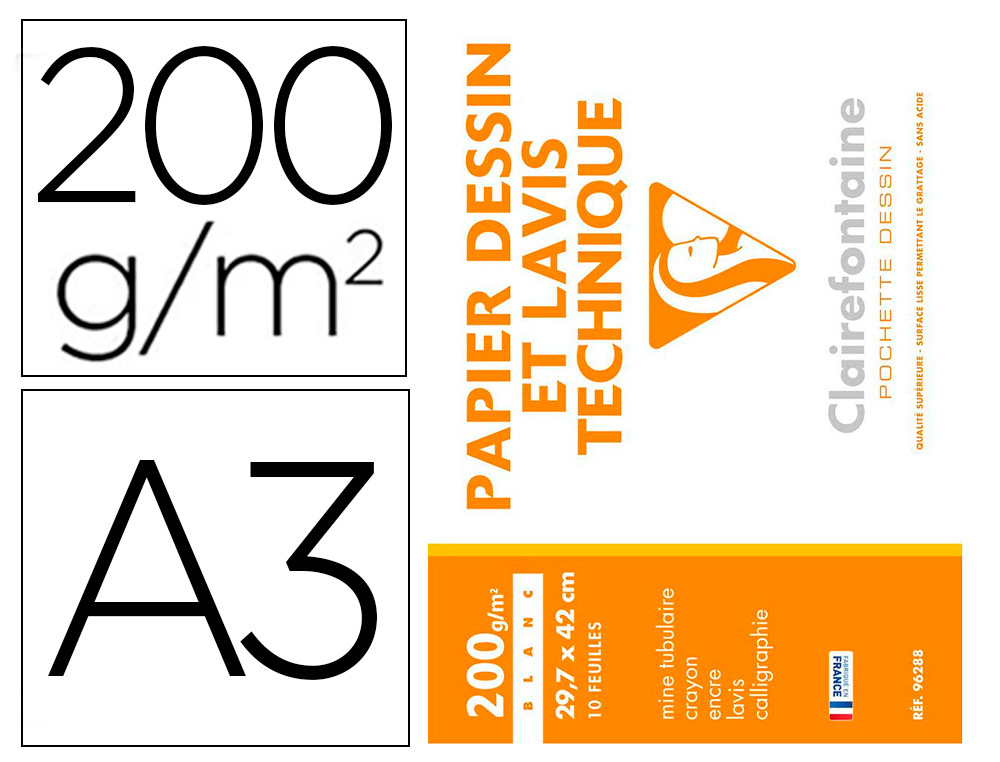 Pochette dessin Clairefontaine format A3 29,7 x 42 cm 10 feuilles papier 200g surface lisse pour dessin et lavis