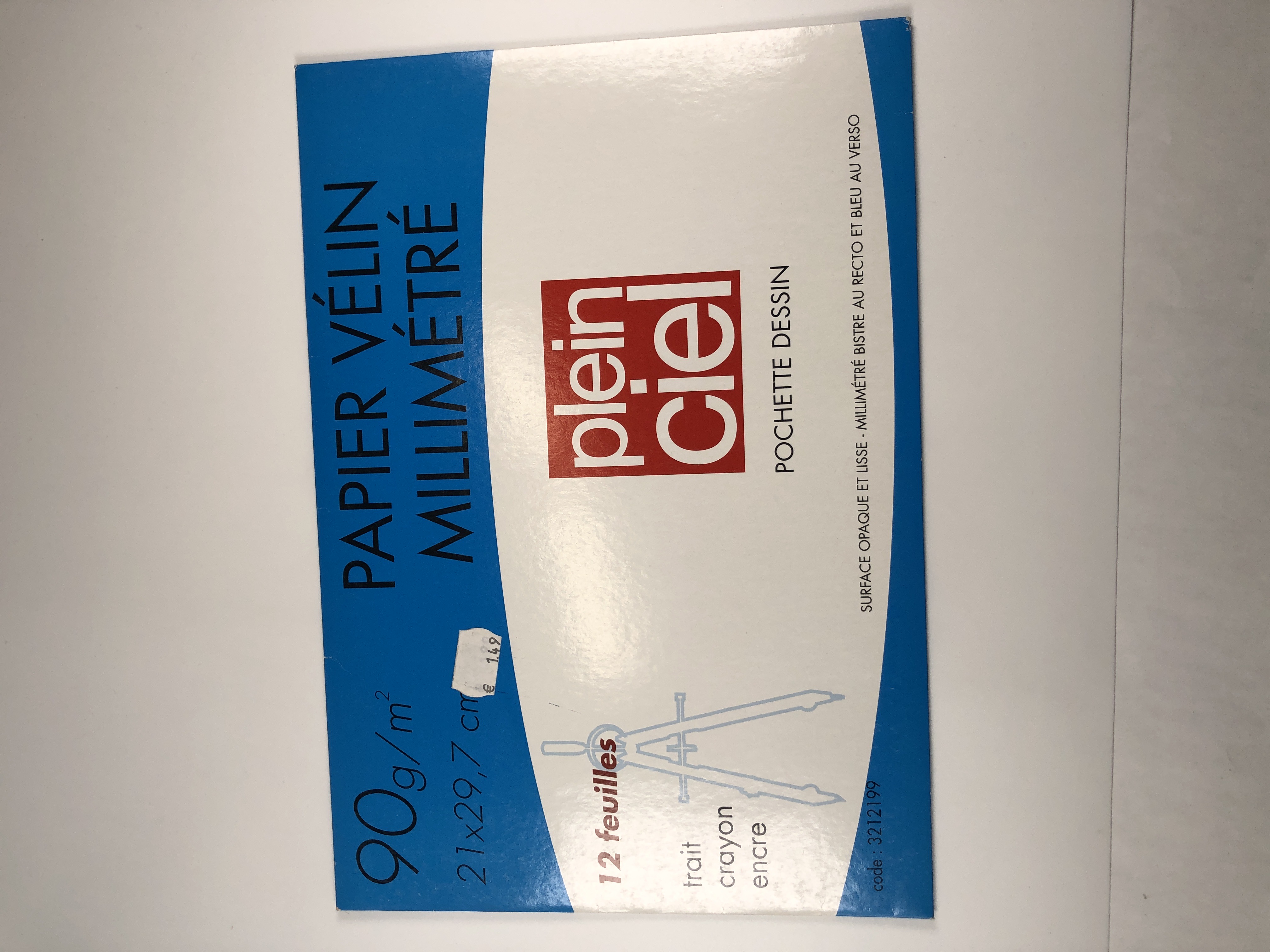 Plein ciel Pochette papier vélin millimétré - 12 feuilles, A4, 90 gr