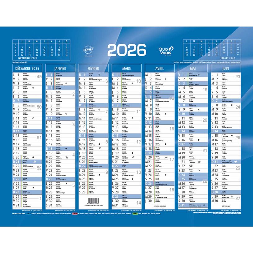 Quo Vadis Calendrier bancaire - 7 mois par face, 33,5 x 43 cm, Bleu