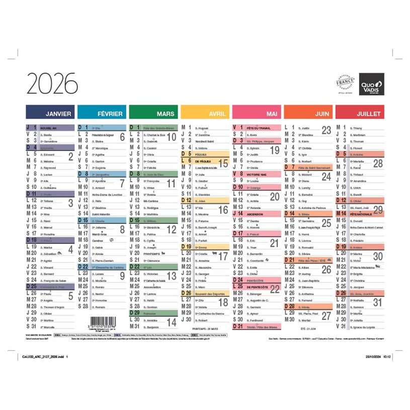 Calendrier QUO VADIS Arc en Ciel 27x21cm - Planification annuelle pour bureau ou maison