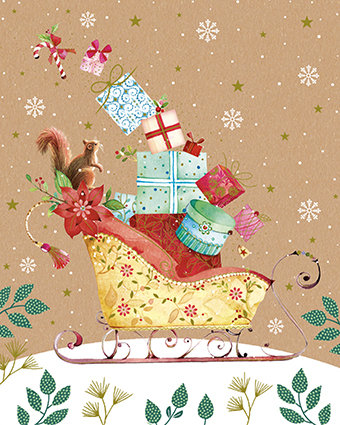 Carte de voeux Noël Pictura - Traineau du père noël avec enveloppe rouge kraft work
