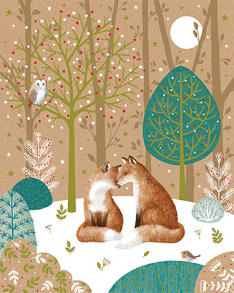 Carte de voeux Noël Pictura - Renards dans la forêt 12x15 cm avec enveloppe rouge kraft work