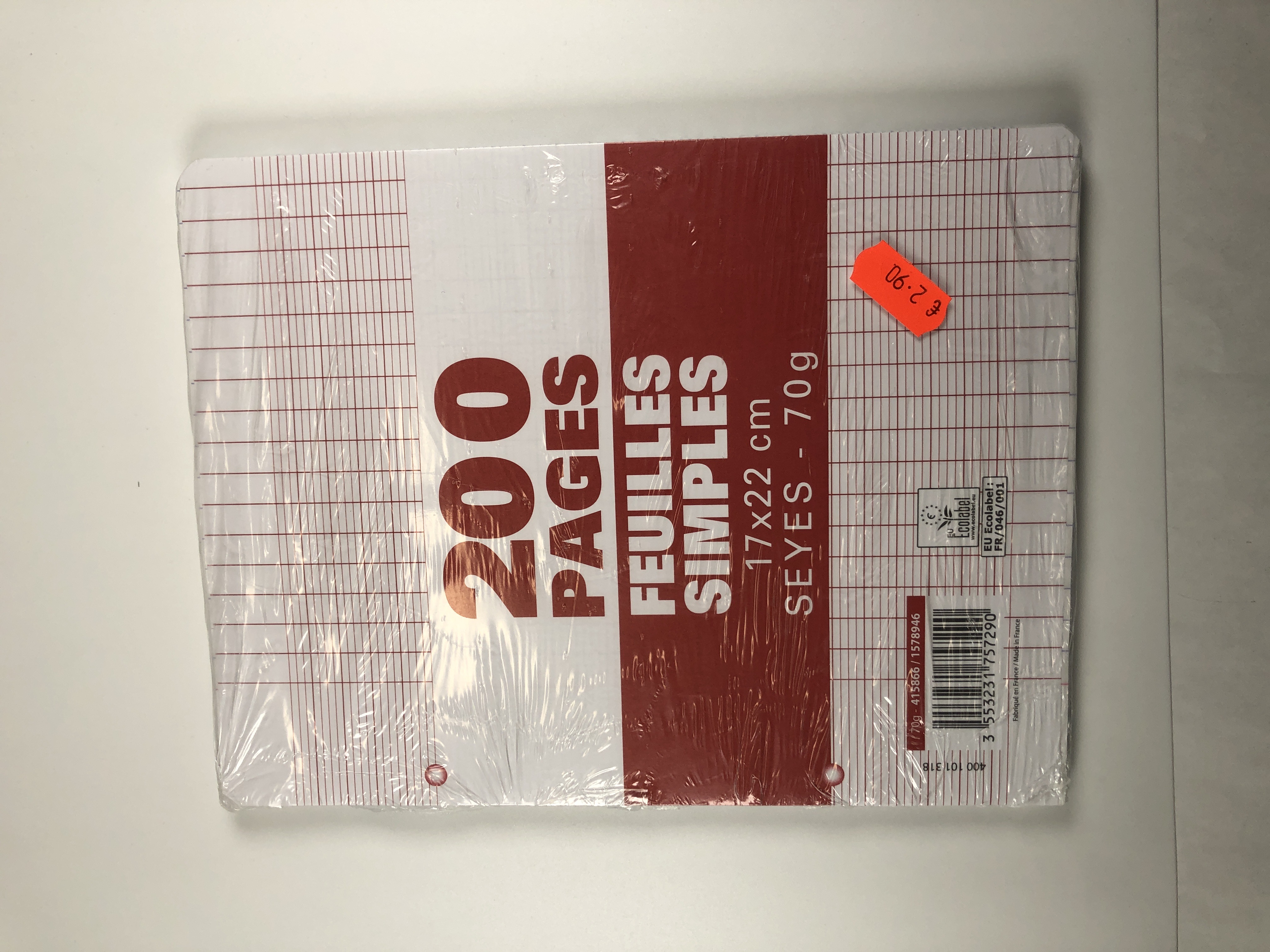 Sachet de 200 pages copies simples 17x22 grands carreaux Seyès 70g perforées - Usage scolaire
