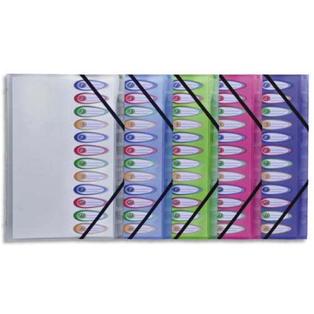 Trieur 12 compartiments 26x32cm en polypropylène opaque 5/100° avec index - 5 coloris pour organisation bureau