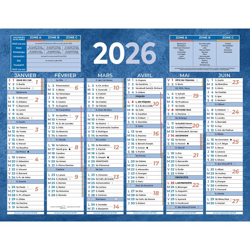 Calendrier bancaire BOUCHUT 205 - 13,5 x 17,5 cm Bleu PEFC 70% pour organisation annuelle