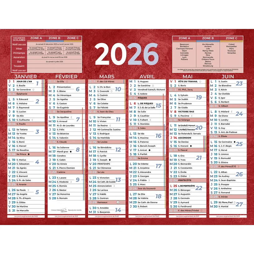 Calendrier bancaire BOUCHUT 205 - 13,5 x 17,5 cm Rouge PEFC 70% pour organisation annuelle