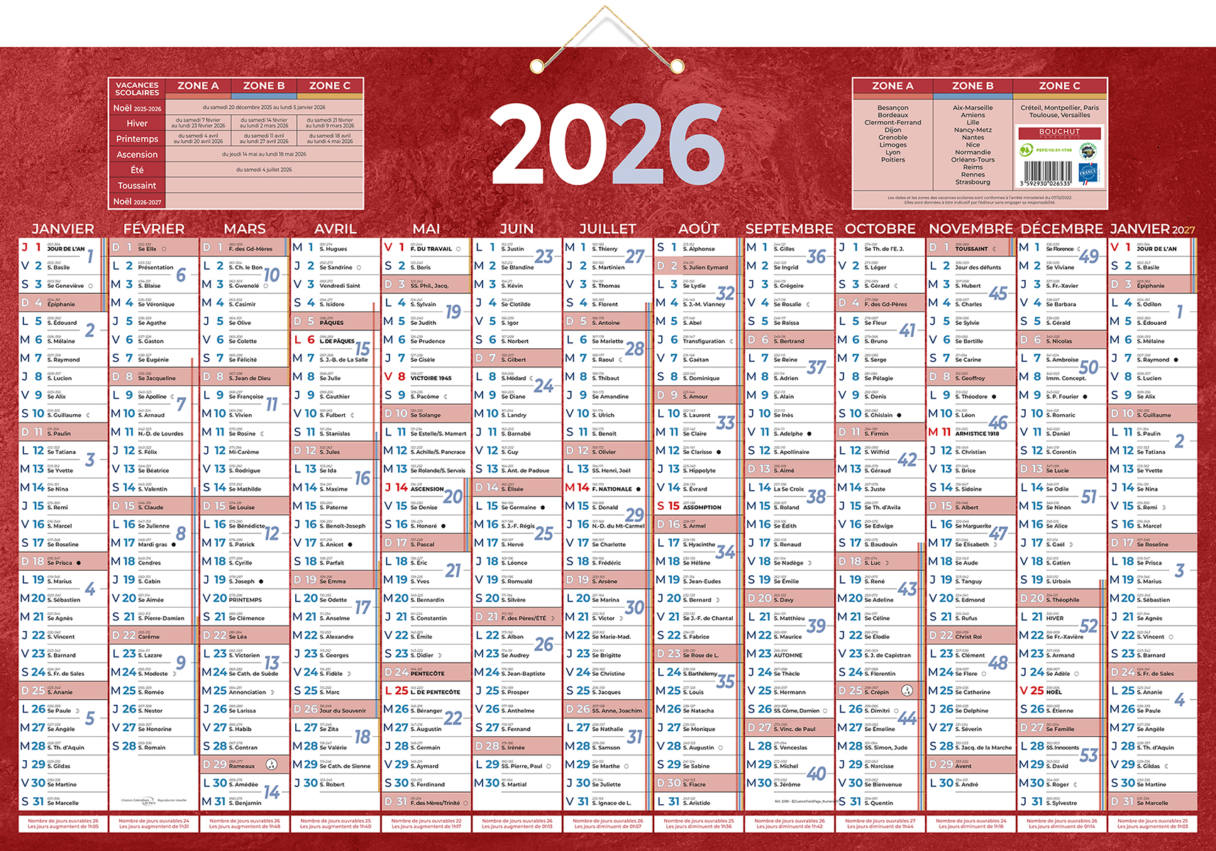 Calendrier bancaire BOUCHUT 228 Rouge - Année civile 43x65 cm Rouge PEFC 70% pour bureau