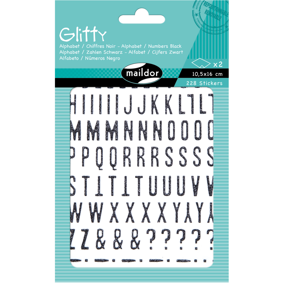 stickers autocollants décoratifs Glitty Maildor - Alphabet et chiffres noirs, 10,5 x 16 cm, 2 planches