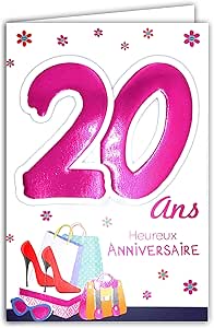 Carte anniversaire Age Mv 69-2022 - 20 ans fille jeune femme - motif chaussures talons aiguilles mode shopping sac à main lunettes de soleil fleurs
