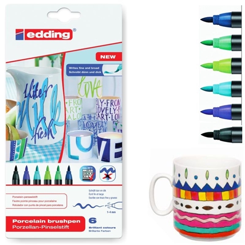 Feutres pinceau Edding 4200 set 6 couleurs froides - pour porcelaine résistants au lave-vaisselle