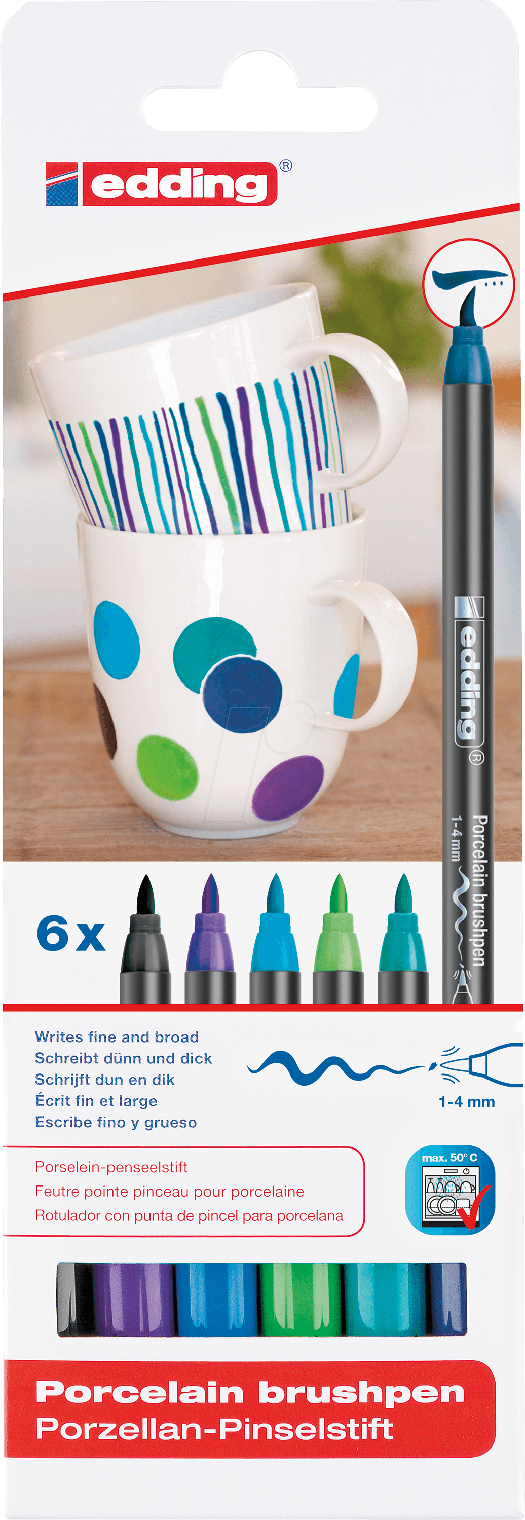 Feutres pinceau Edding 4200 set 6 couleurs froides - pour porcelaine résistants au lave-vaisselle