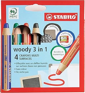 Crayon multi-surfaces lisses STABILO Woody 3in1 - Etui carton 4 crayons + taille crayon + chiffonnette pour dessin